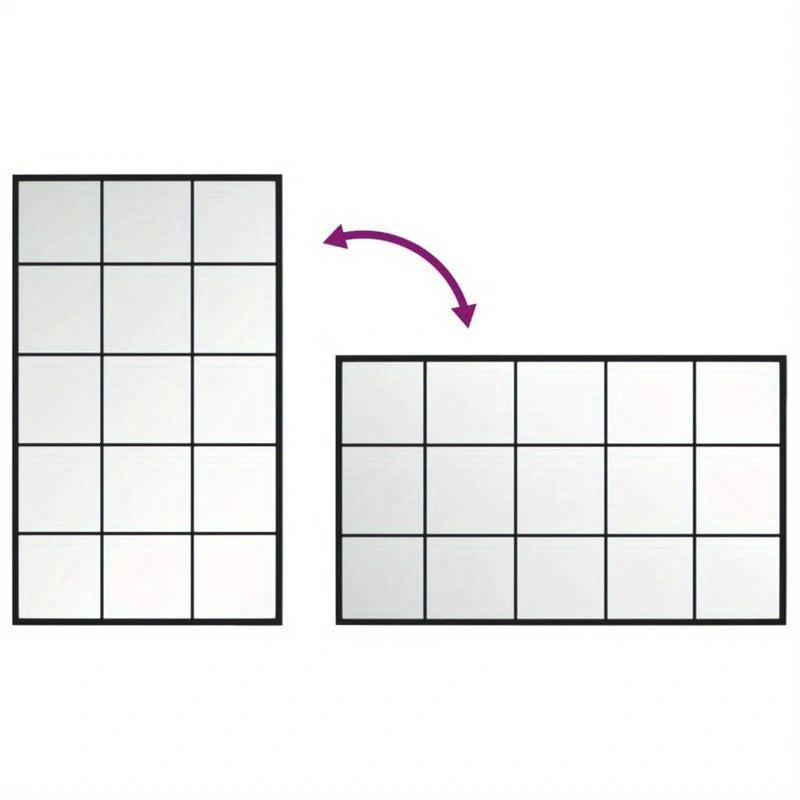 Miroir en métal noir montrant des options d'installation verticale et horizontale
