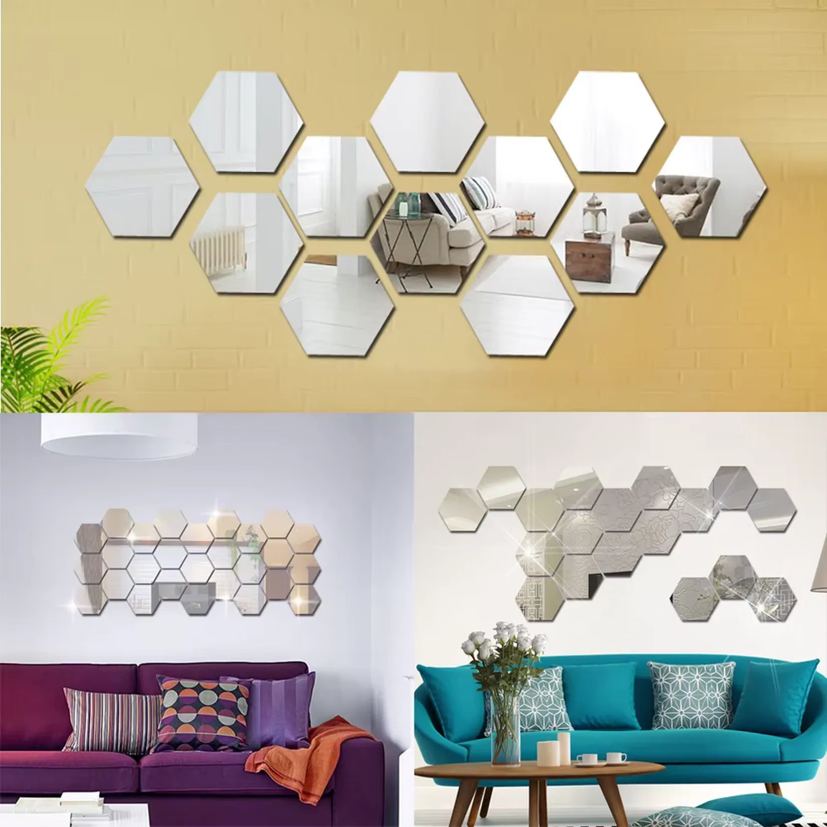 Miroir Mosaïque Hexagonal Set 12 Pièces Argent.