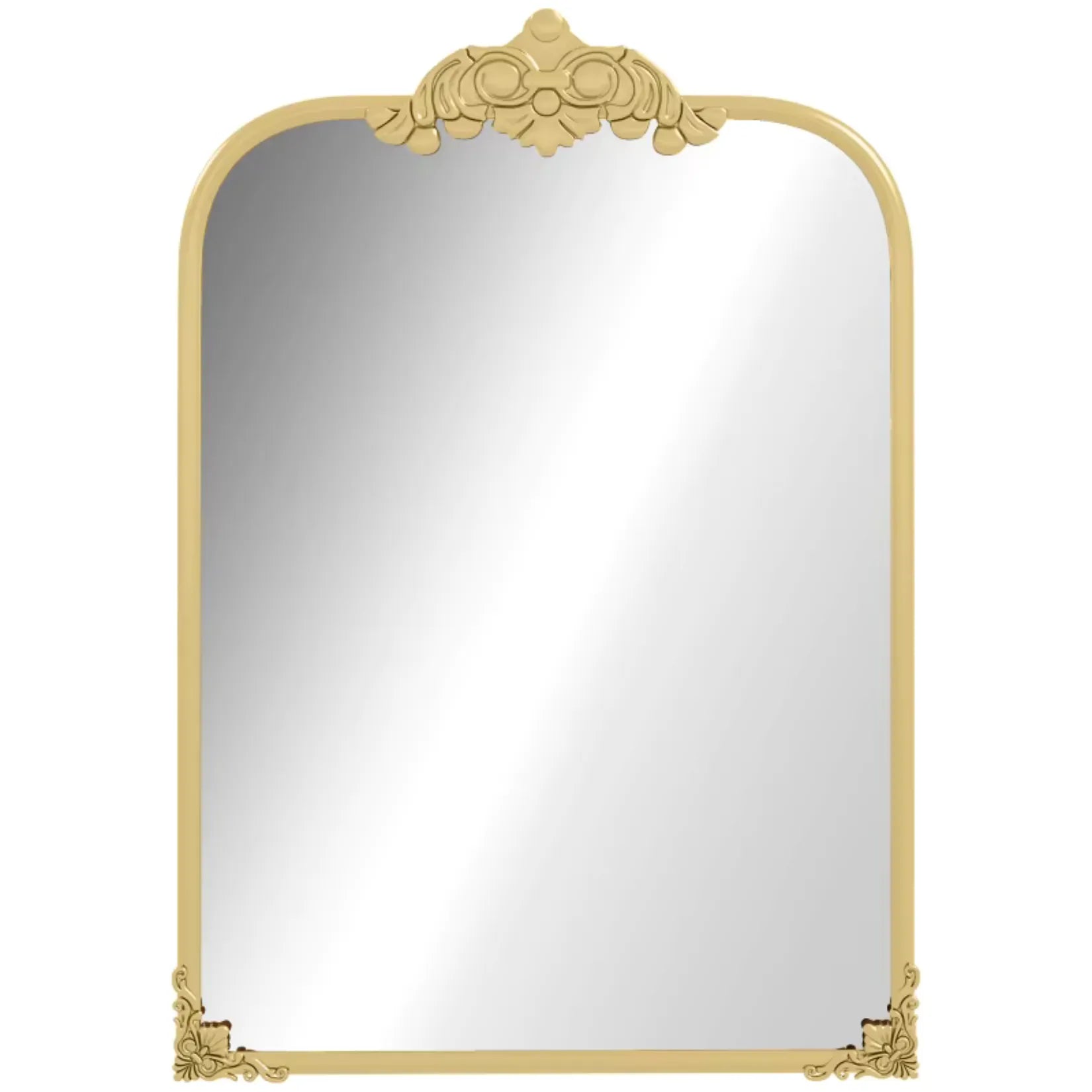 Vue frontale du miroir moulure doré montrant le cadre en métal doré et ses ornements.