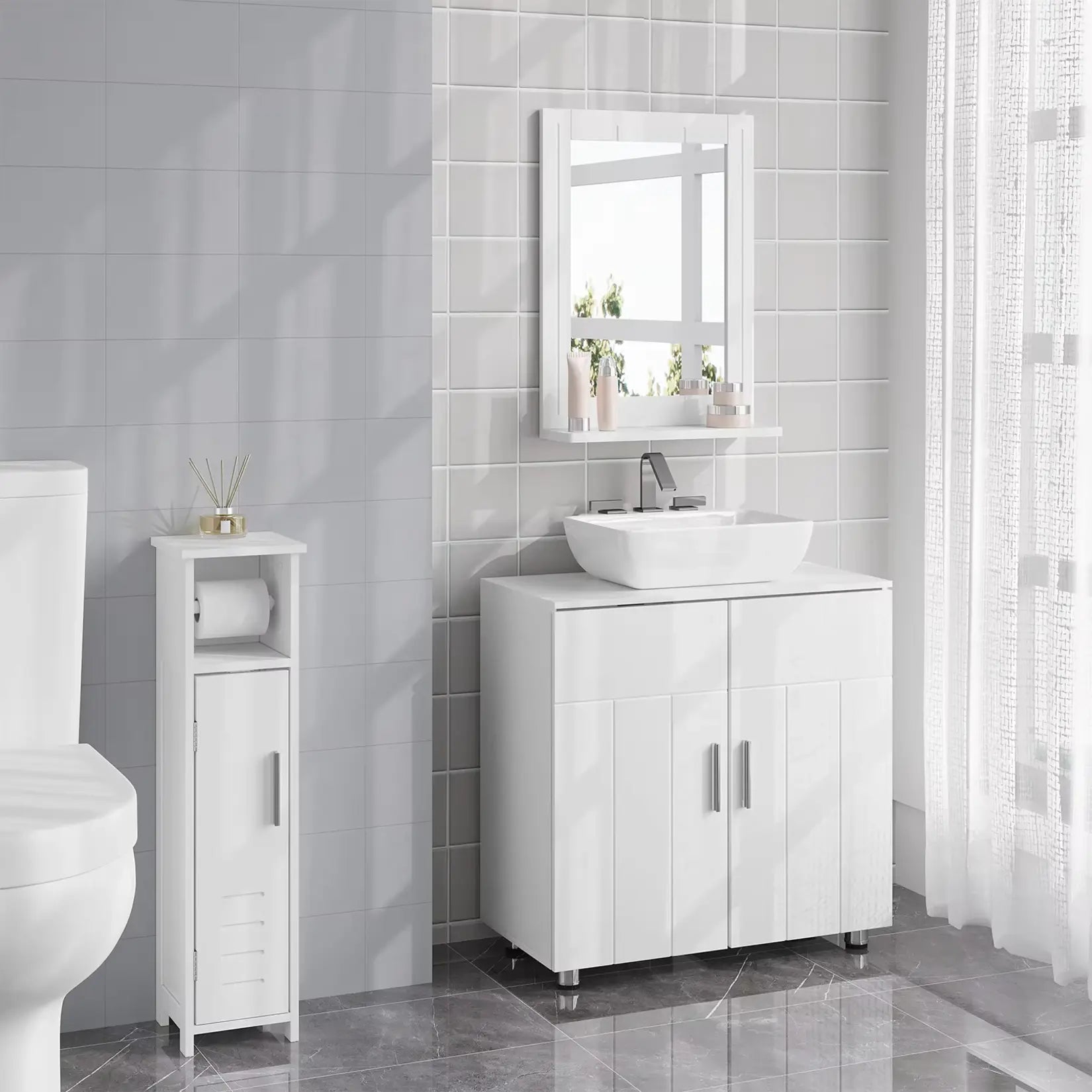 Miroir mural blanc avec étagère pour salle de bain.