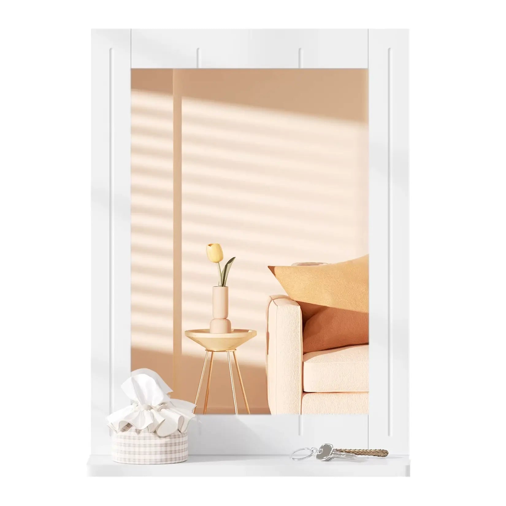 Miroir mural blanc reflétant un salon aux teintes nature