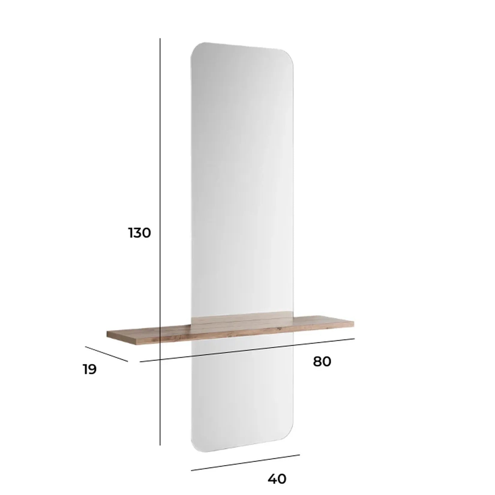 Miroir mural déco avec étagère bois – Dimensions 130×40 cm.