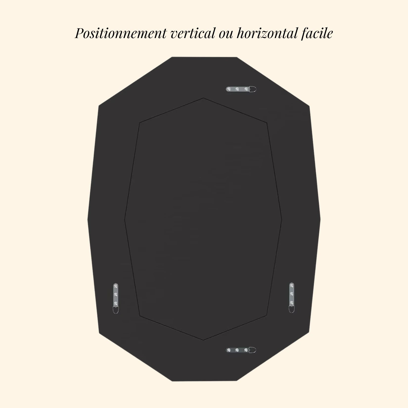 Vue arrière du miroir mural design italien avec accroches murales verticales et horizontales.