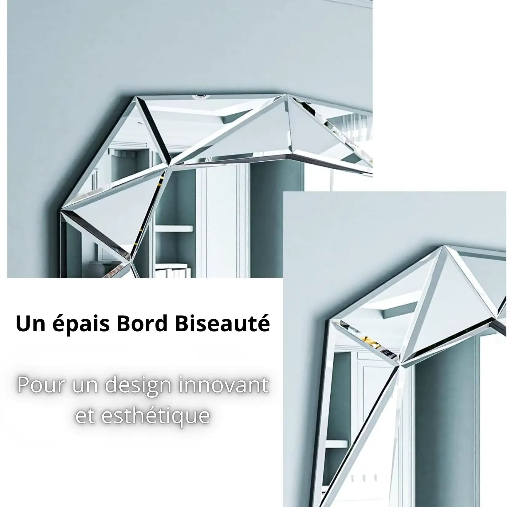 Gros plan sur le miroir mural design italien argenté avec ses bords épais biseautés.