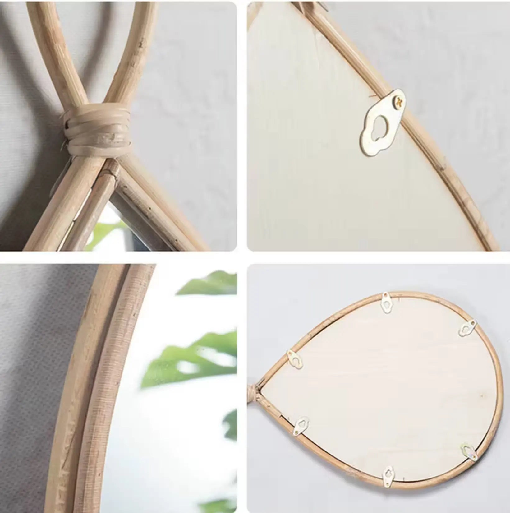 Détails du cadre en rotin, dos en bois et fixations métal type trou de serrure.