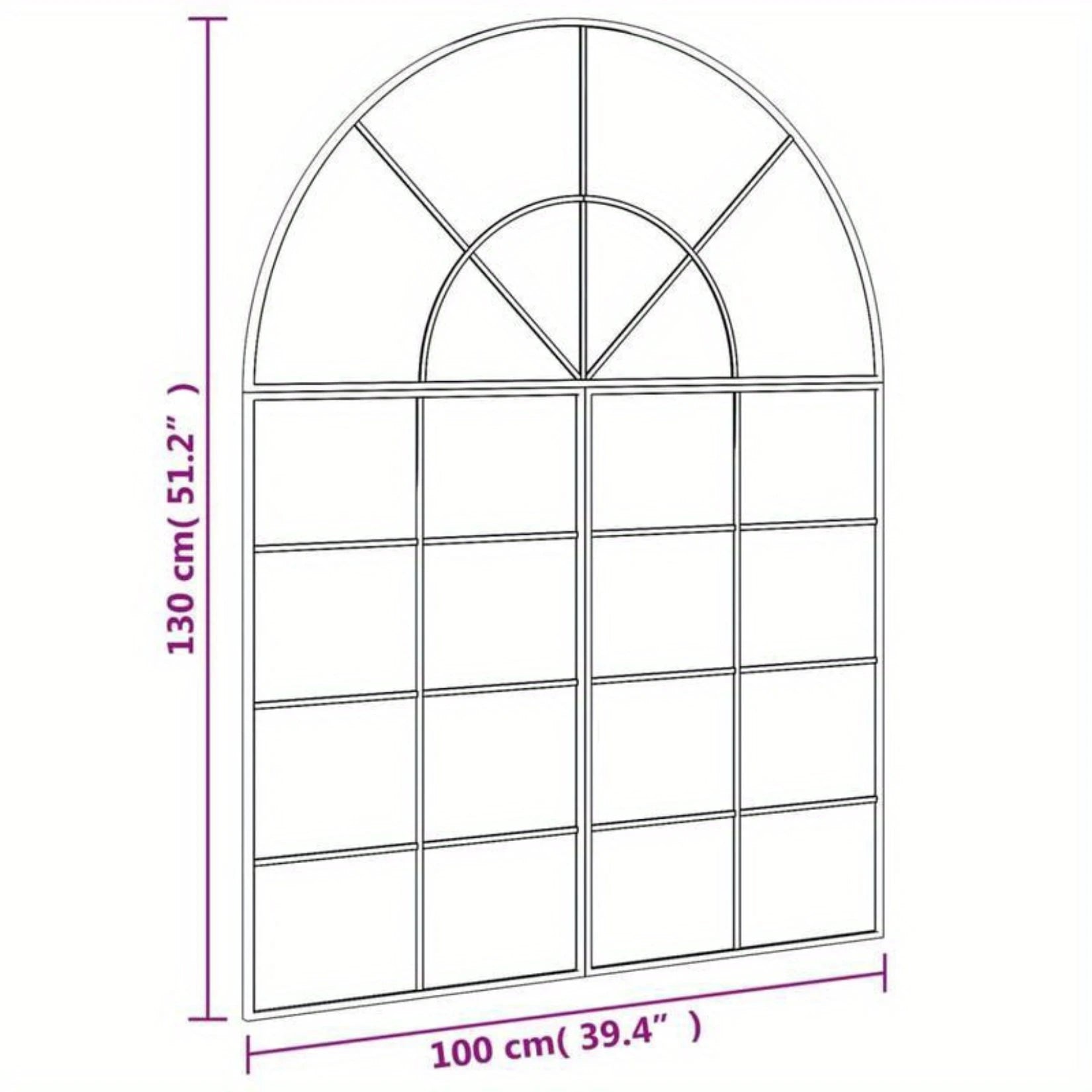 Schéma des dimensions du miroir mural industriel arqué 100x130 cm.