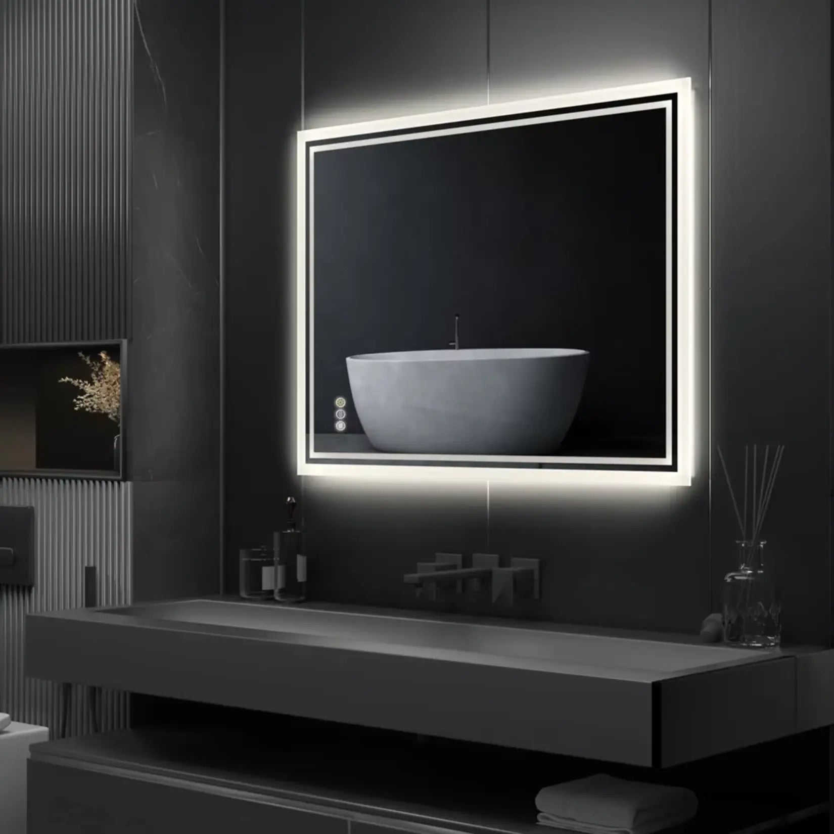 Miroir mural lumineux noir au design moderne et élégant.