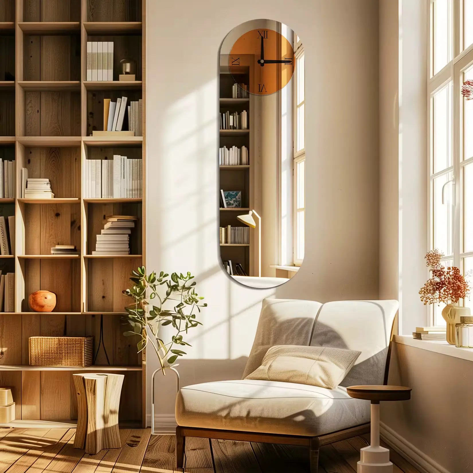 Miroir mural pour salon avec horloge dans un coin lecture en bois clair et lumière naturelle.