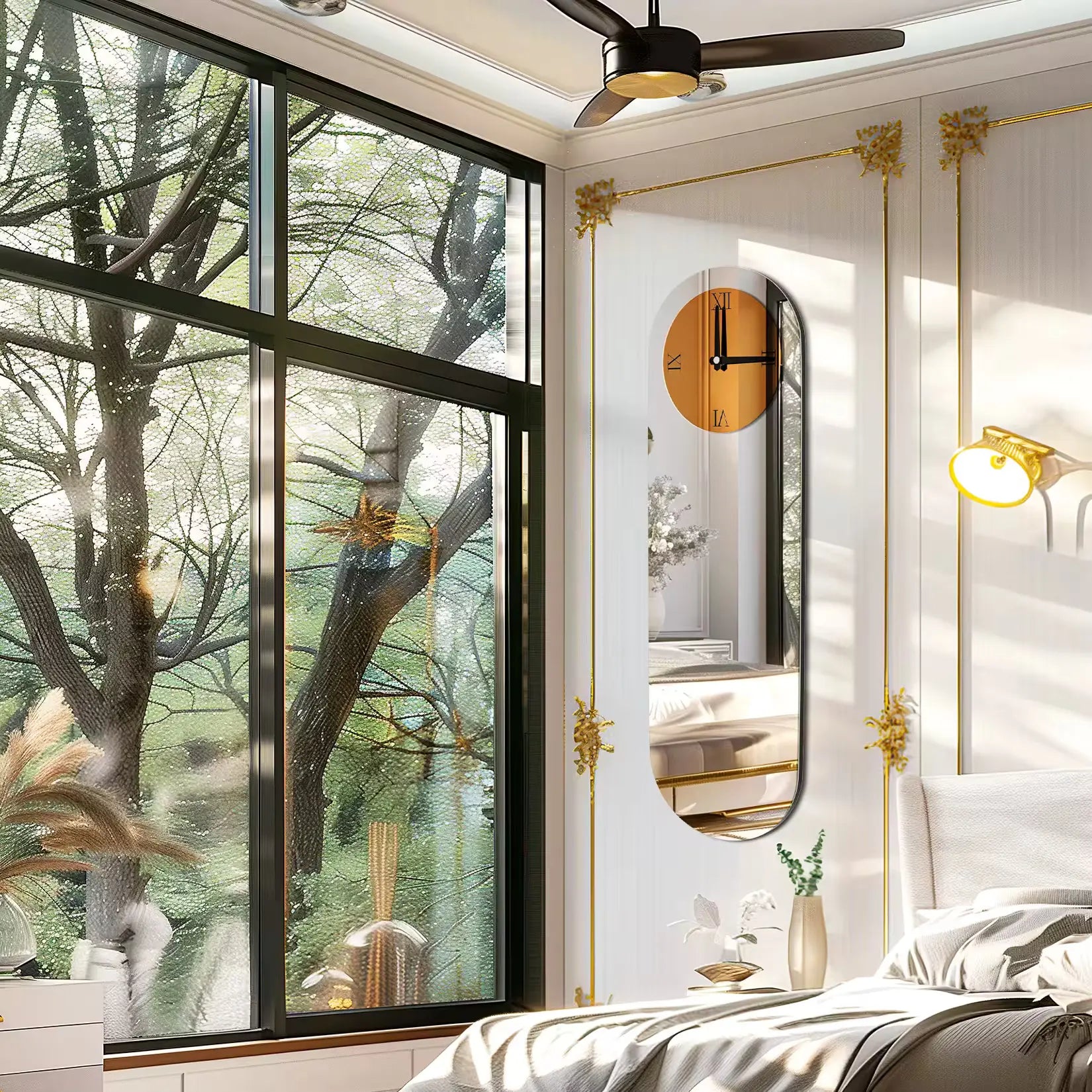 Miroir mural pour salon avec horloge accroché dans une chambre élégante aux moulures dorées.