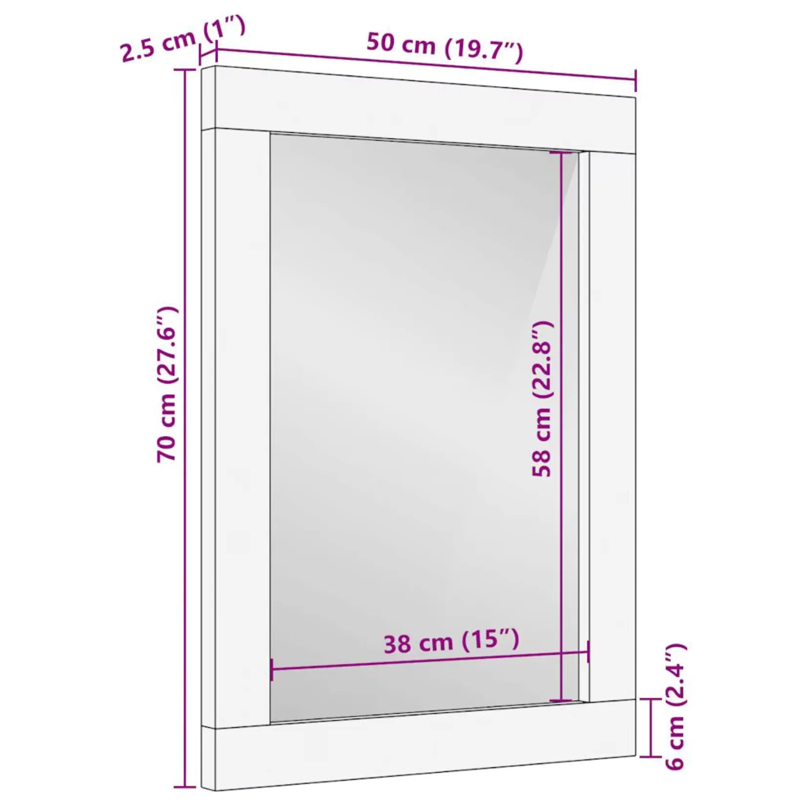 Dimensions 50x70 cm du miroir mural rectangulaire en bois de manguier.
