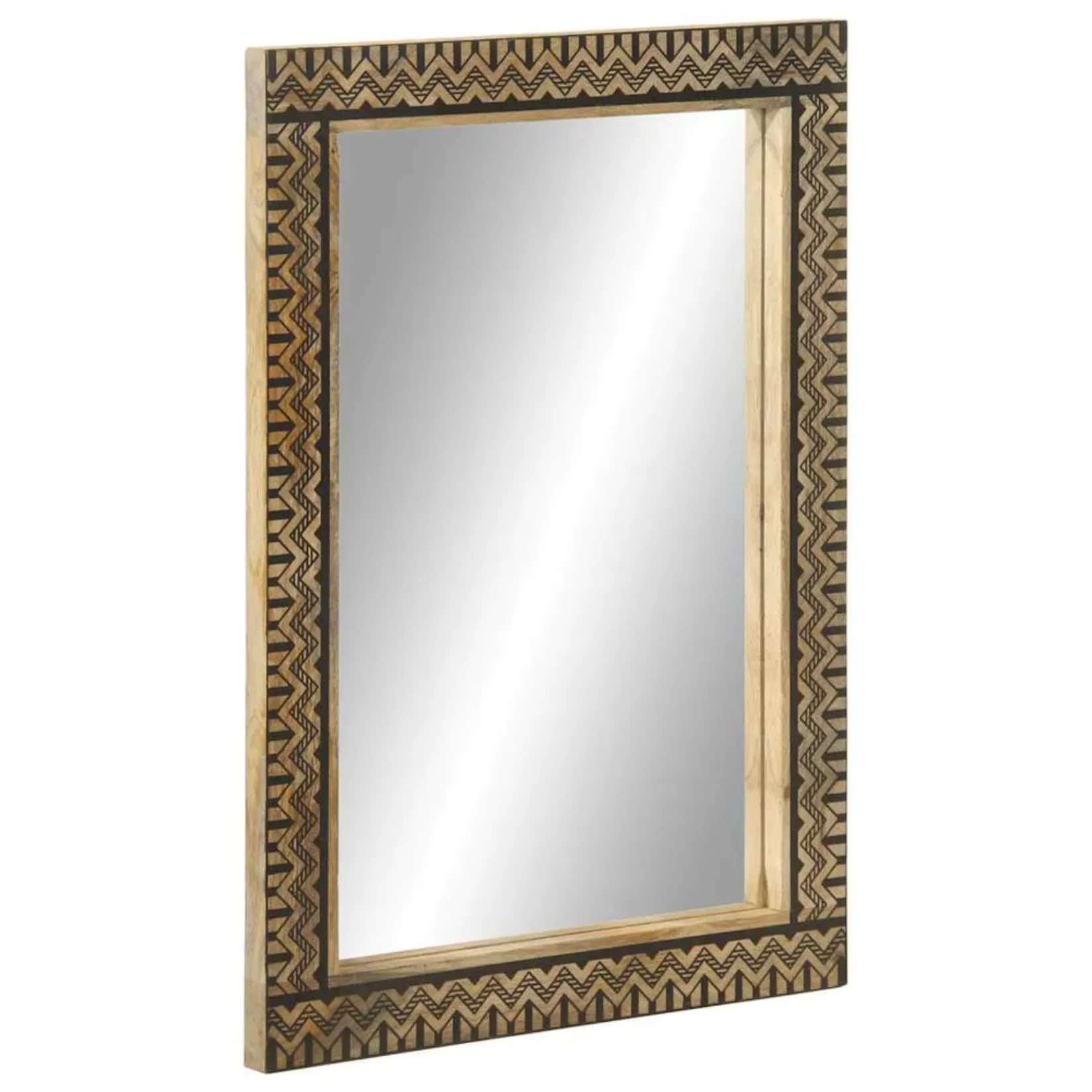 Miroir mural rectangulaire en bois de manguier vu de côté.