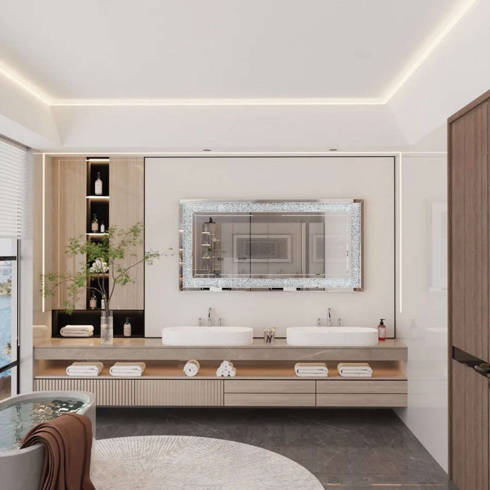 Miroir mural rectangulaire design installé dans une salle de bain moderne avec double vasque.