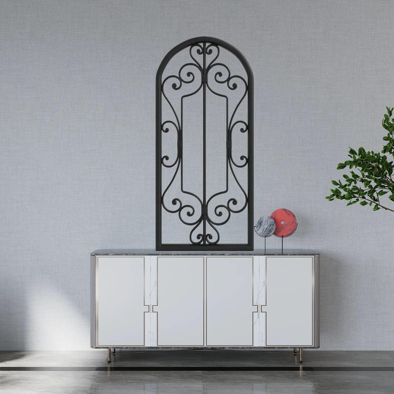 Miroir noir rectangulaire posé au-dessus d’un meuble bas contemporain blanc.