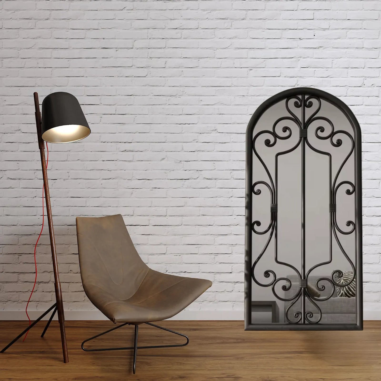 Miroir noir rectangulaire mural dans un intérieur style loft avec mur en briques blanches.