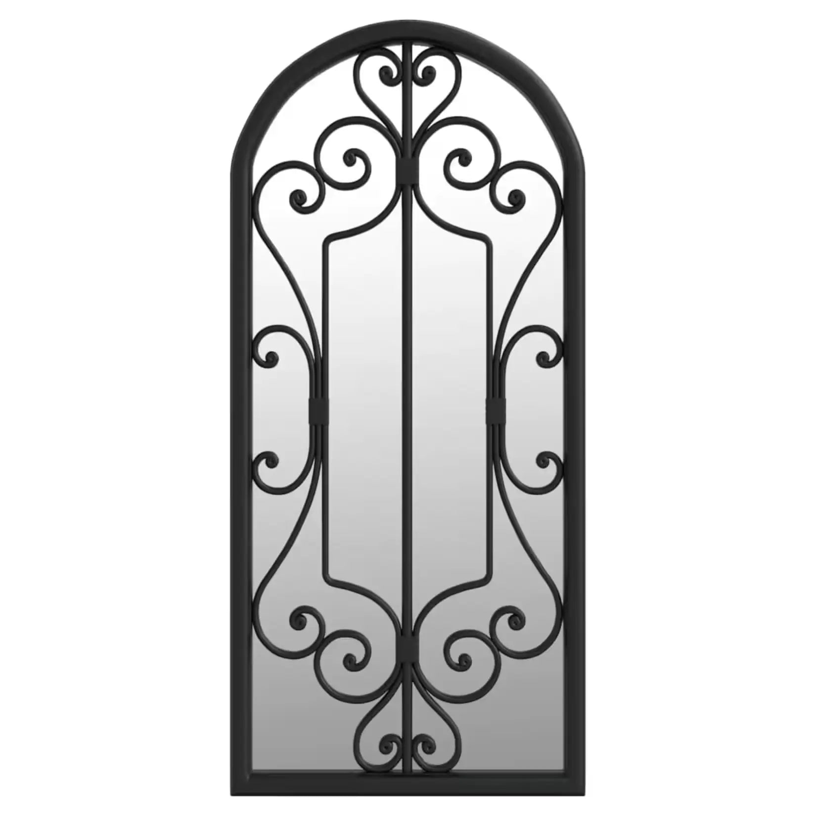 Miroir noir rectangulaire vu de face avec son cadre en fer forgé ajouré.
