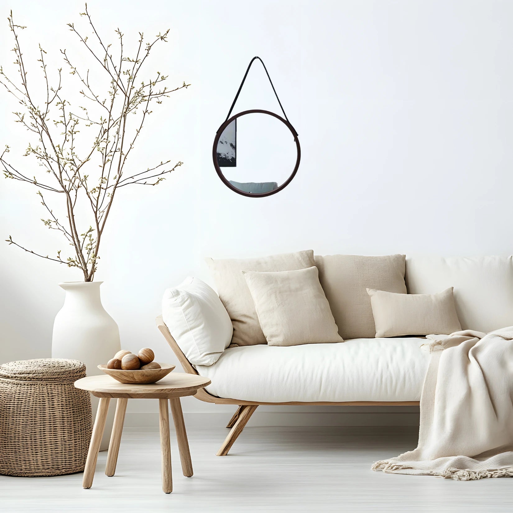 Miroir Noir Rond en Bois pour une décoration naturelle et lumineuse.