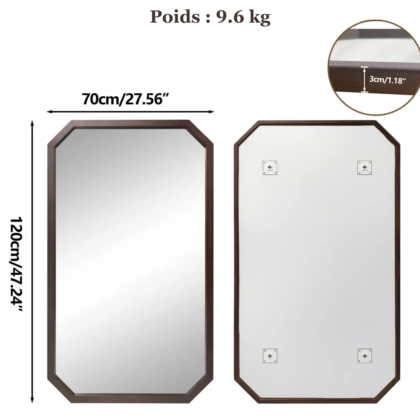 Dimensions 70 × 120 cm, poids 9,6 kg, fixation murale 4 points, vue avant et arrière.