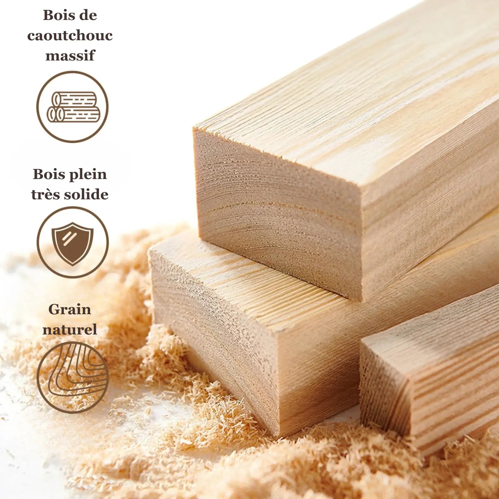 Bois de caoutchouc massif au grain naturel, matière pleine et très solide pour le cadre.