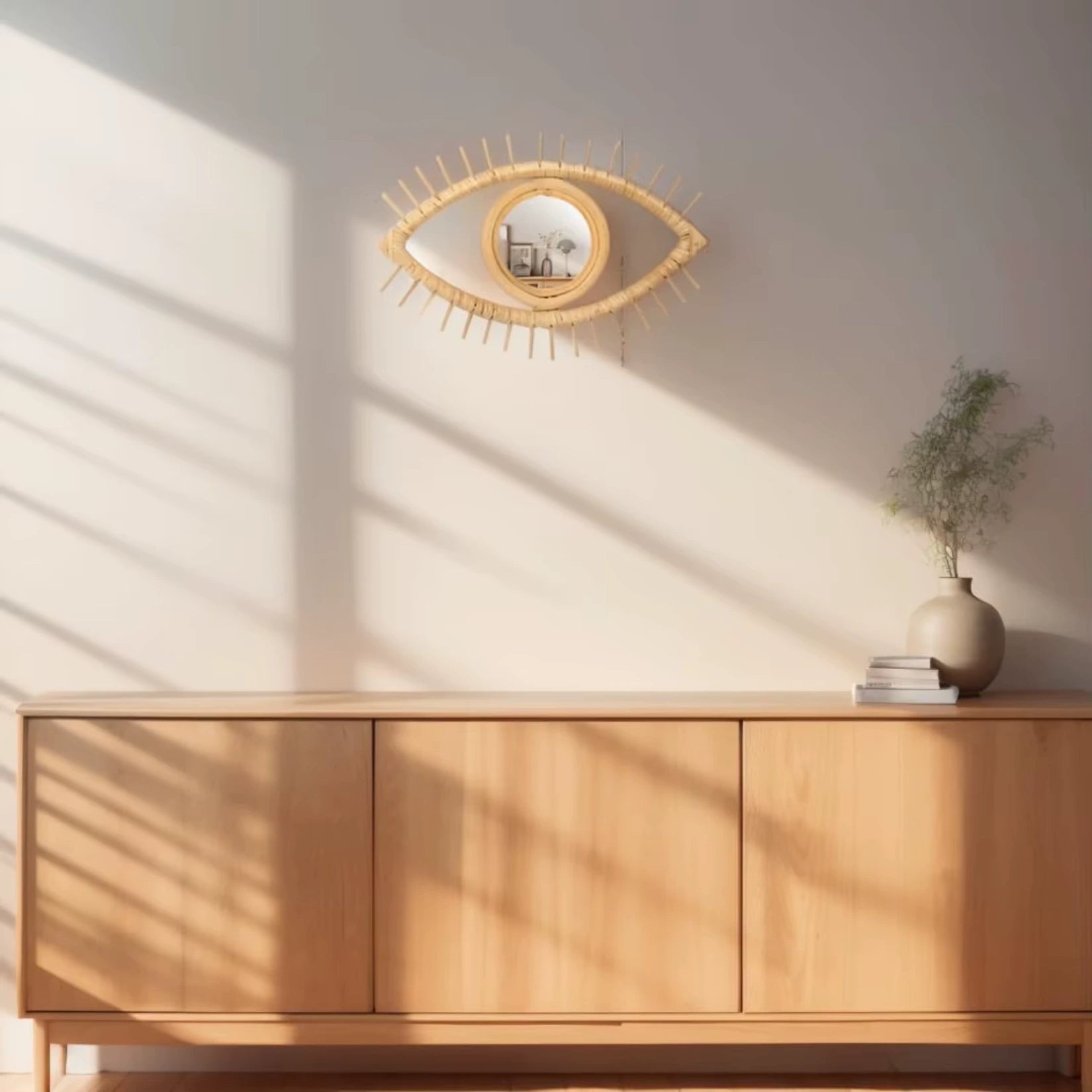 Miroir mural en rotin en forme d’œil, idéal pour une déco scandinave naturelle.