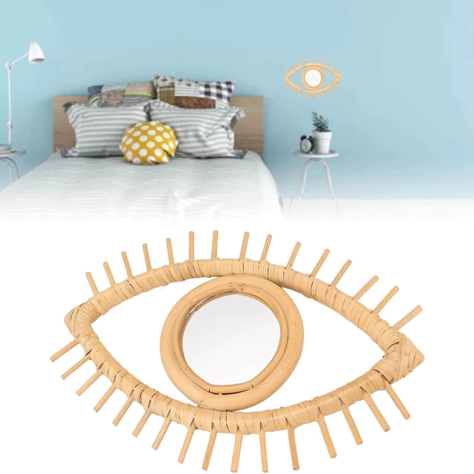 Miroir œil en rotin, parfait pour une décoration murale tendance et chaleureuse.