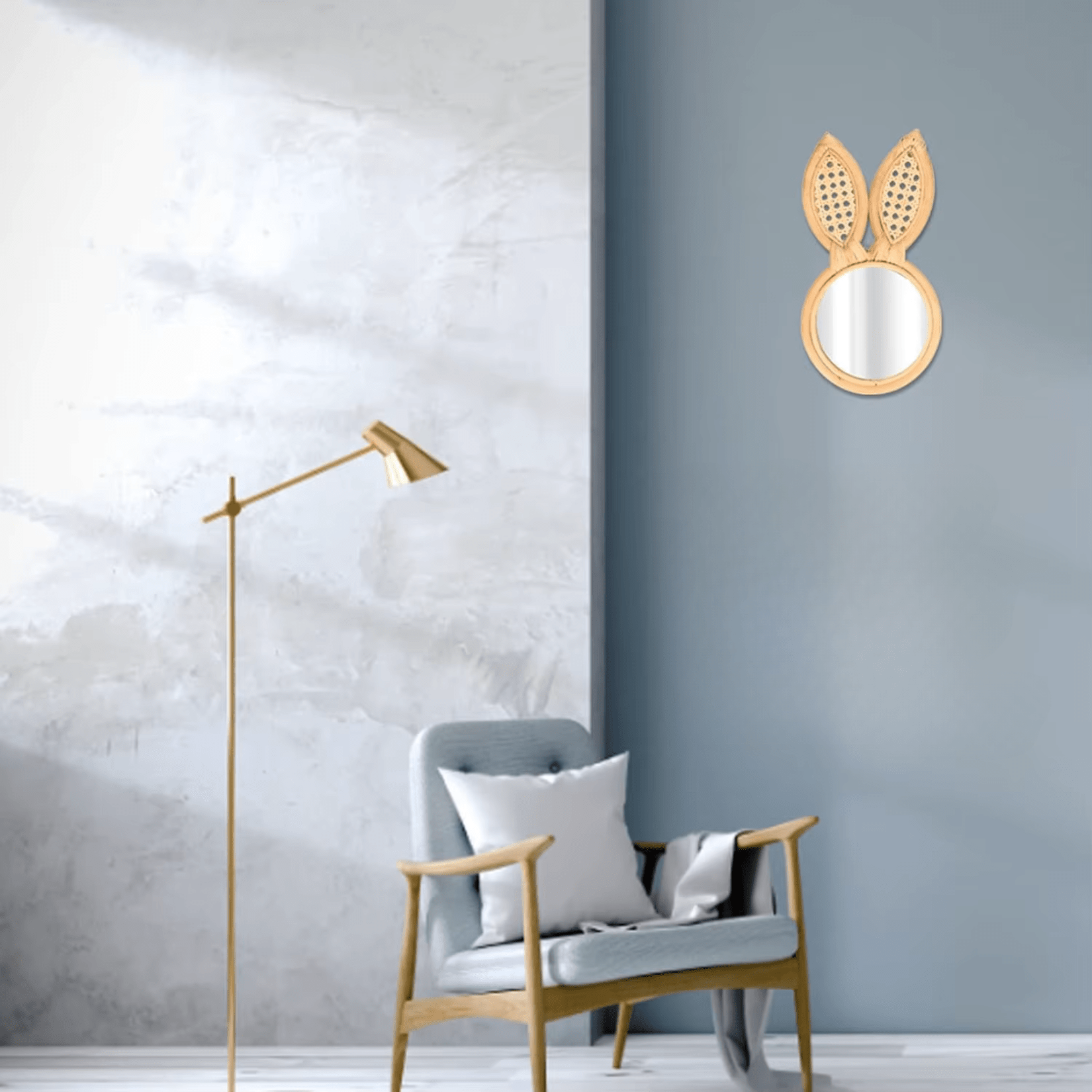 Miroir oreille lapin dans un intérieur scandinave minimaliste.
