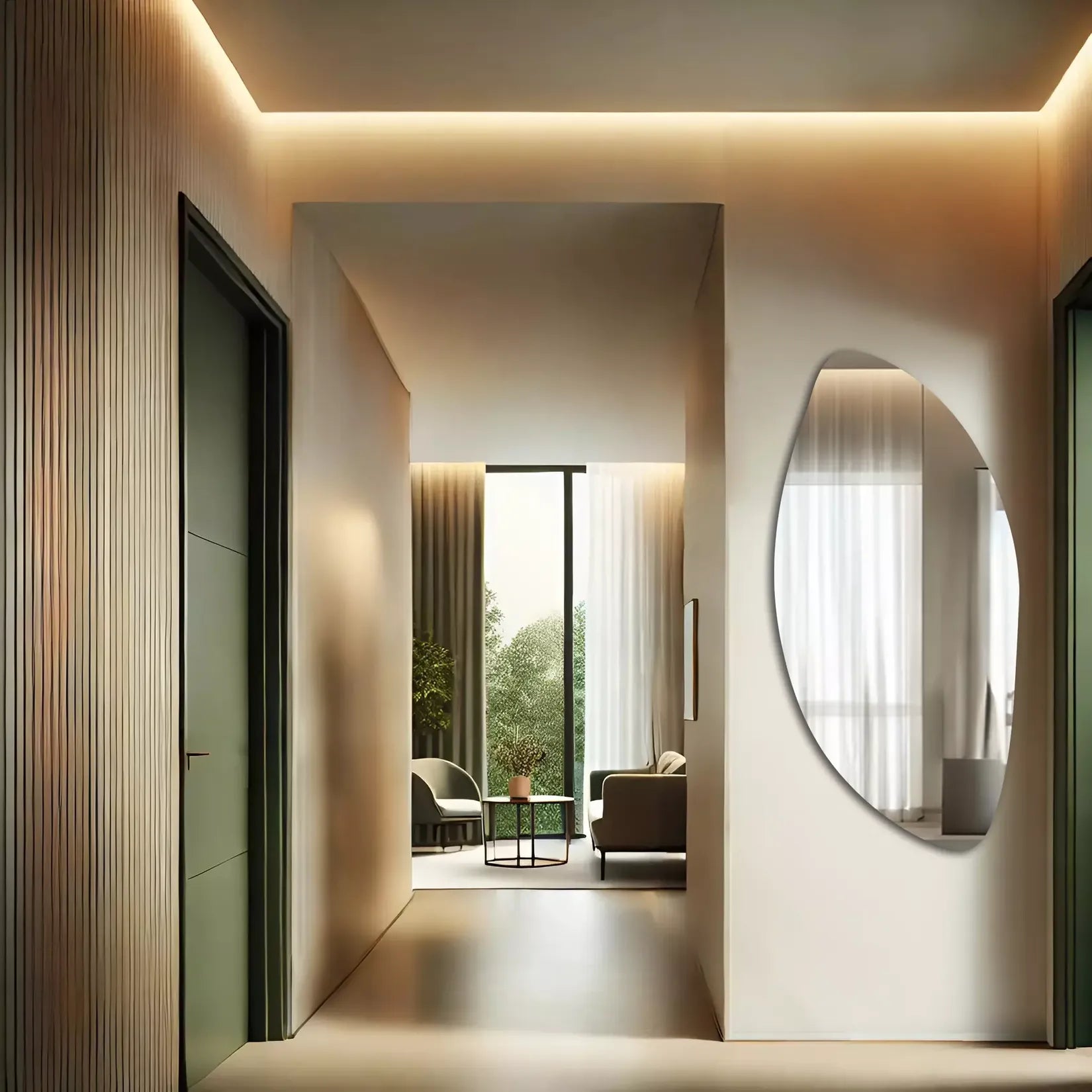 Miroir Organique asymétrique entrée mur blanc décoration moderne.