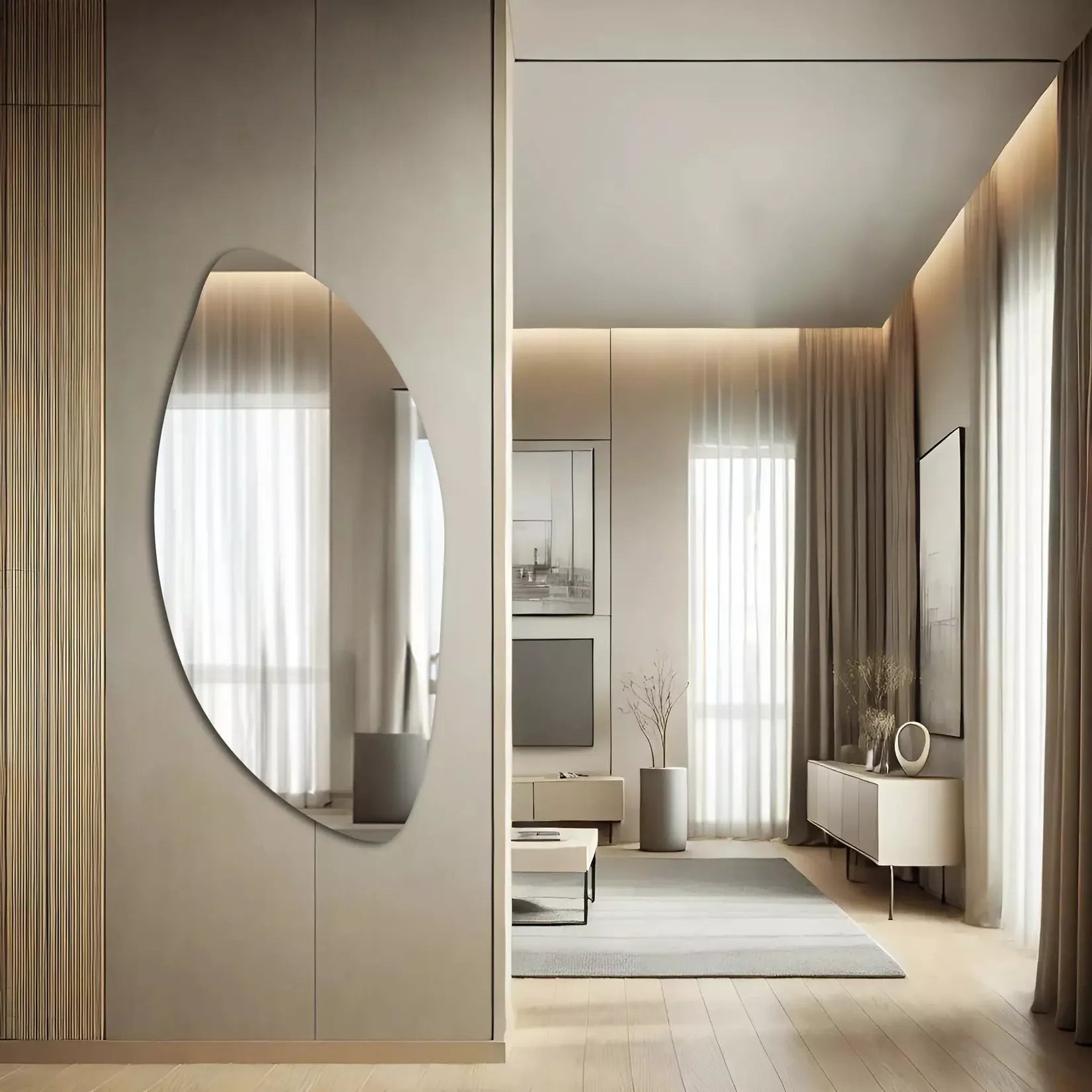 Miroir Organique asymétrique sans cadre dans couloir moderne minimaliste.
