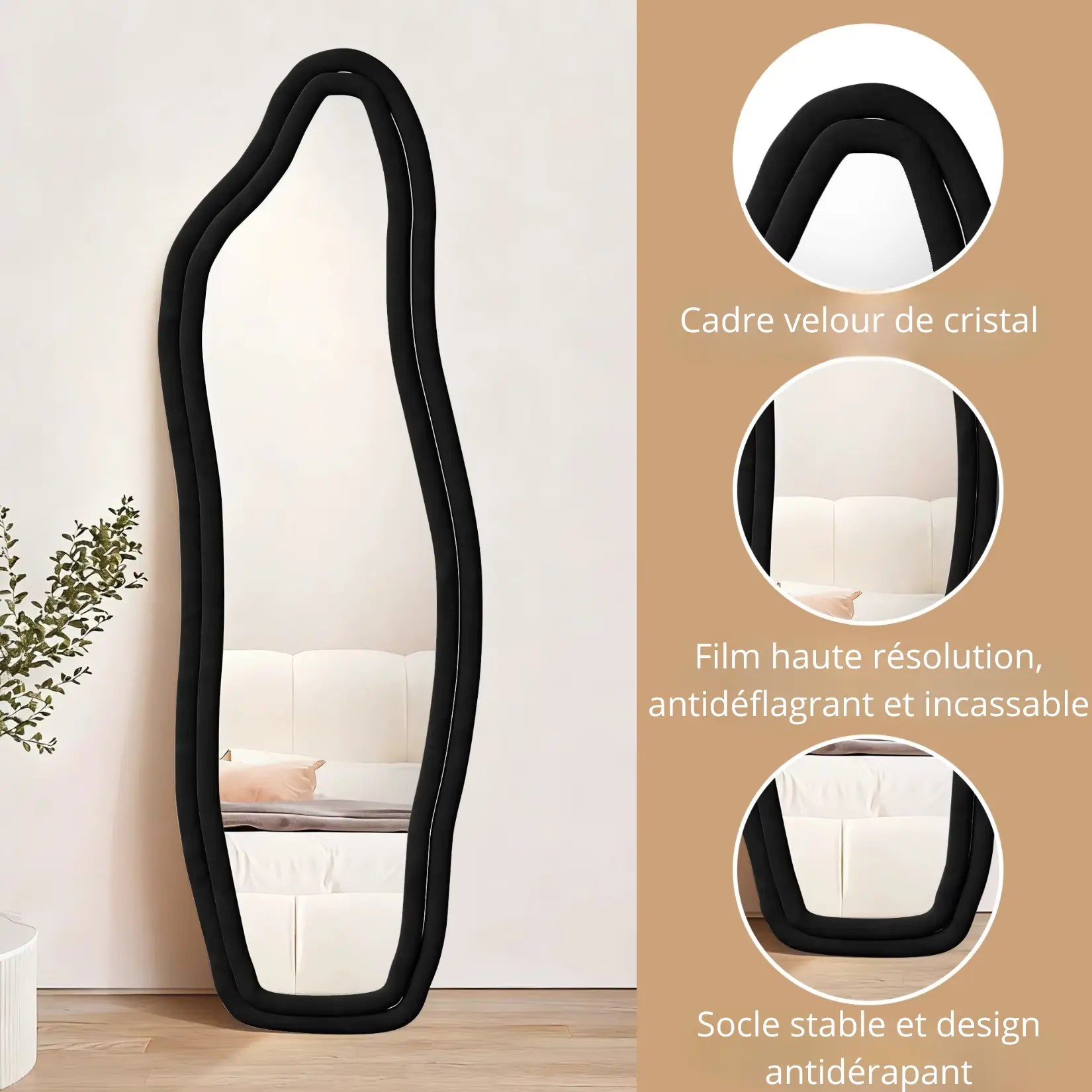 Zoom sur le cadre velours noir du miroir organique, avec film anti-éclat.