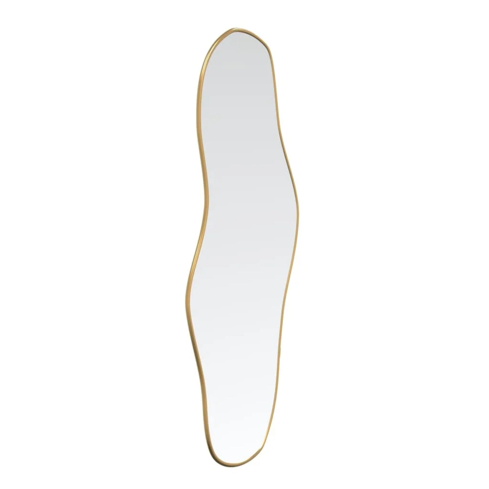 Vue de profil du miroir organique doré mural côté gauche.