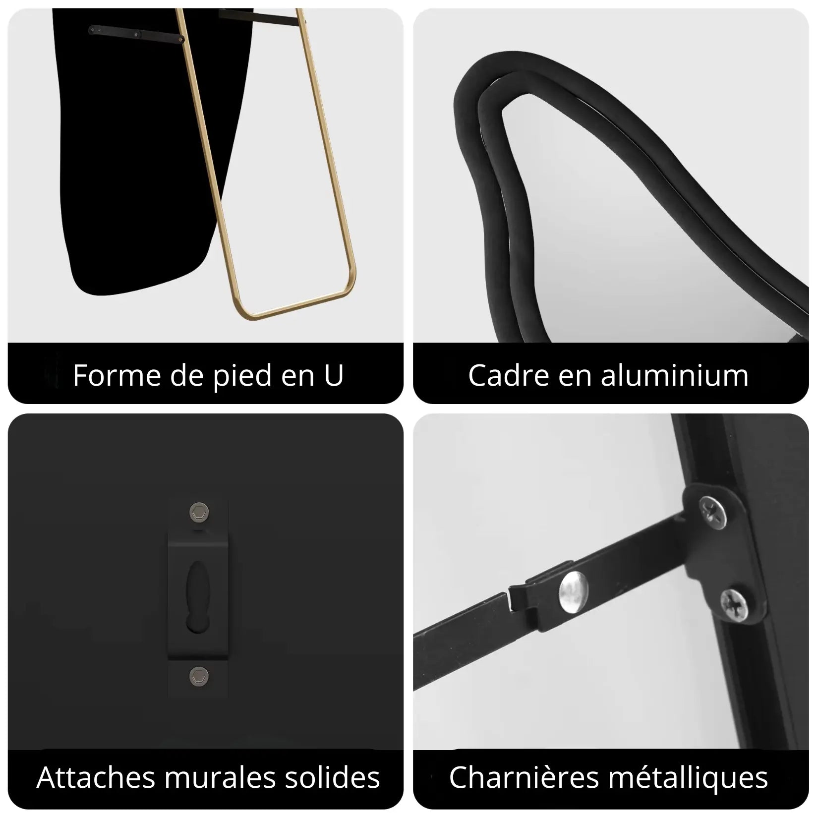 Vue arrière du miroir organique avec pied en U métallique doré et fixations murales.