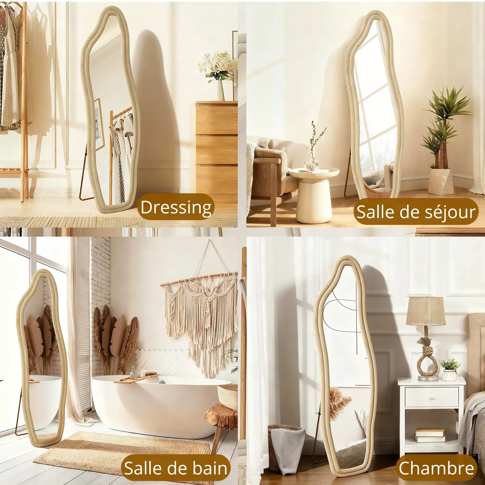 Vue du miroir organique beige dans un dressing lumineux à la déco bohème.