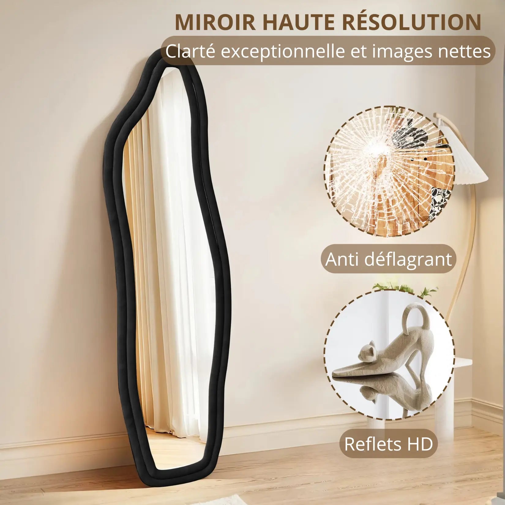 Miroir organique noir avec surface HD et reflets nets dans un intérieur lumineux.