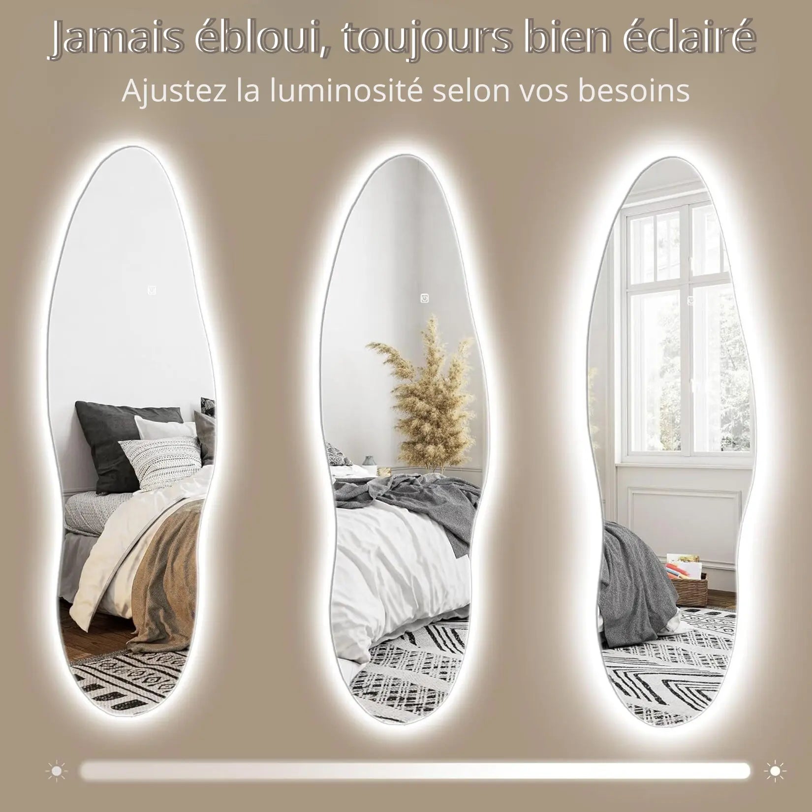 Miroir organique LED avec luminosité réglable selon vos besoins.