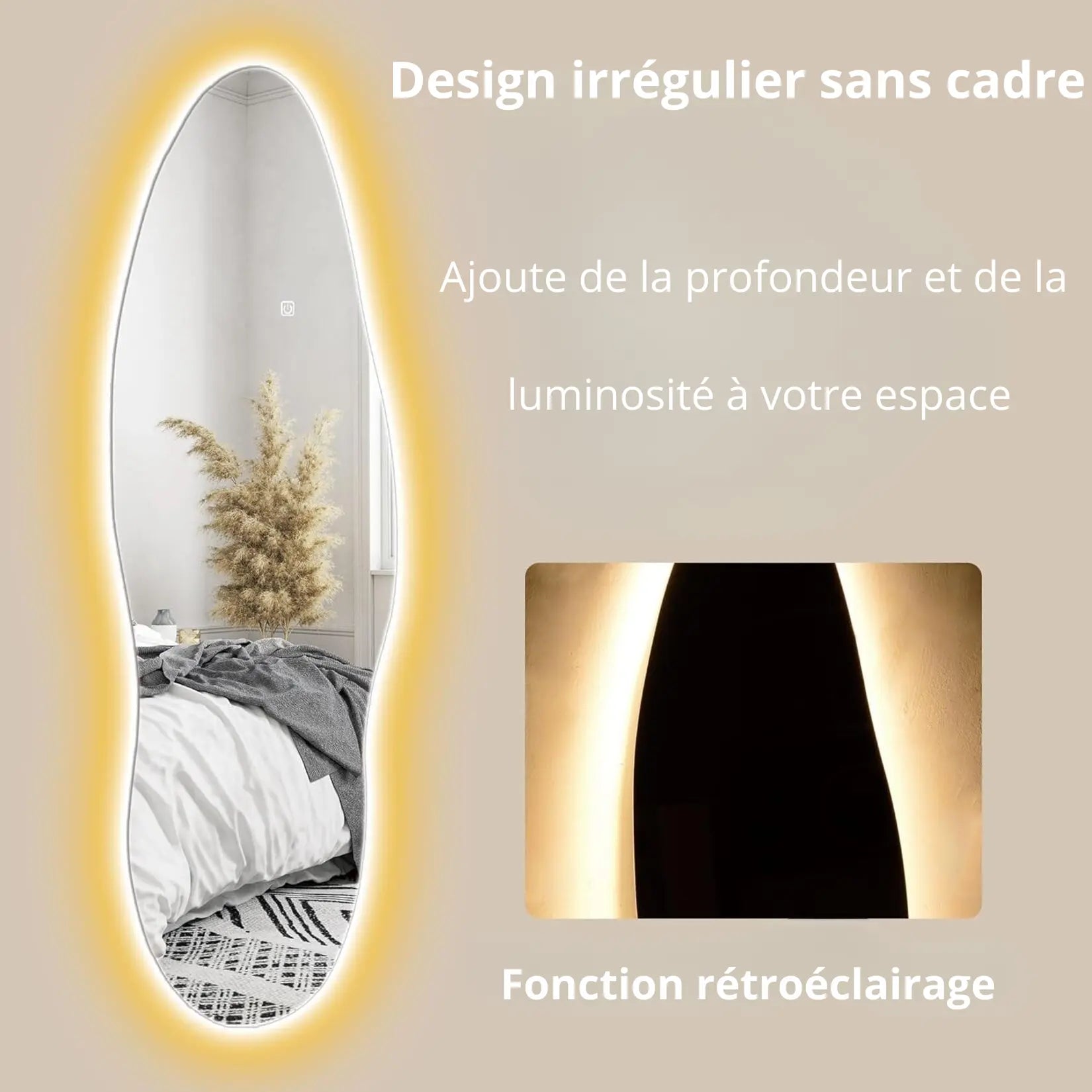 Miroir organique LED avec rétroéclairage décoratif dans une chambre.