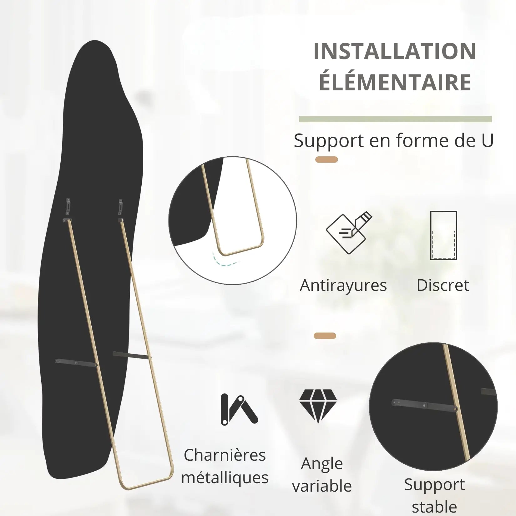 Détail du support en U métallique et des fixations du miroir organique noir.