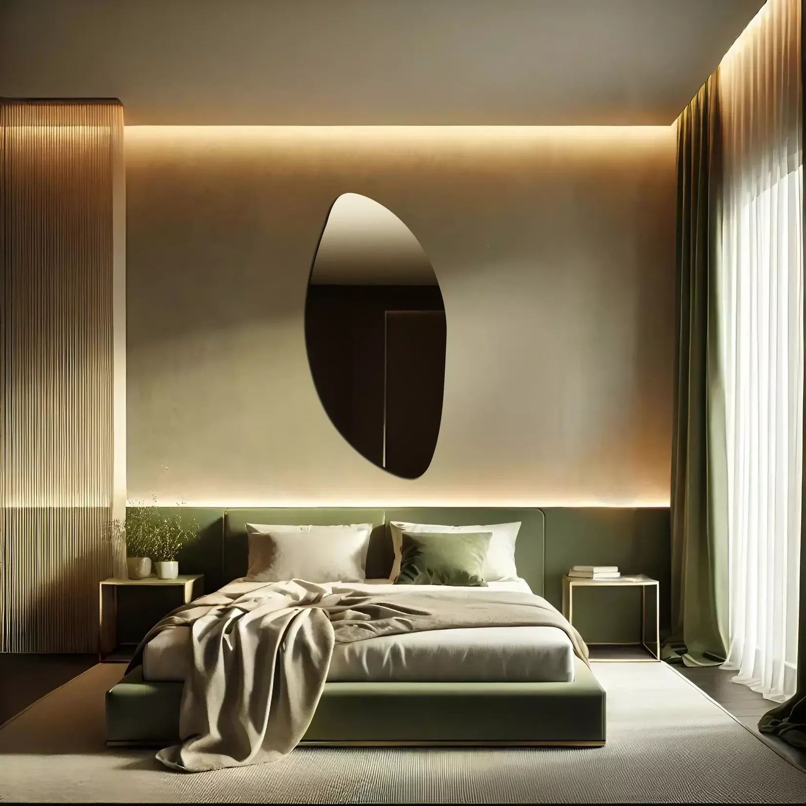 Miroir Organique sans cadre chambre tête de lit vert sauge ambiance cosy.