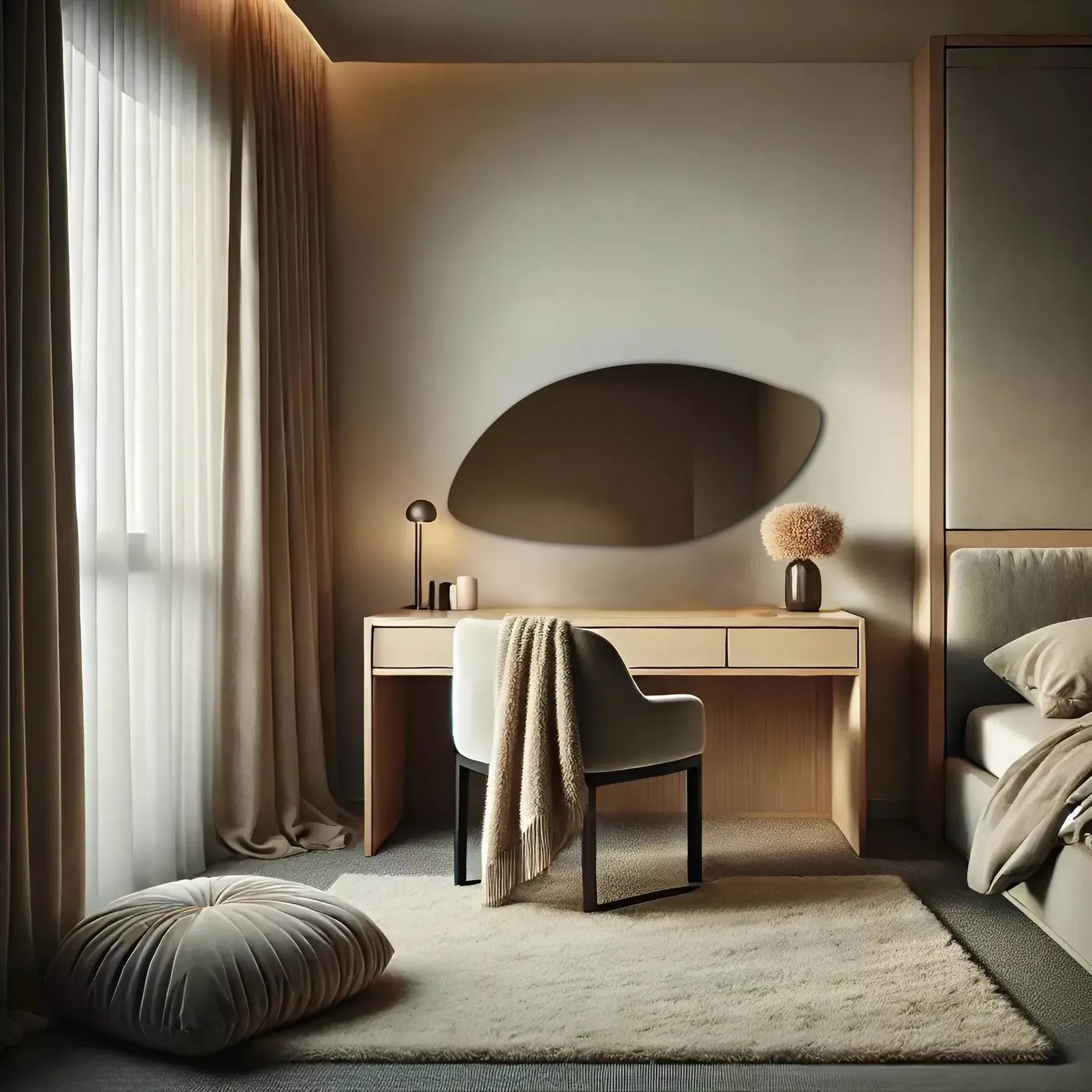 Miroir Organique sans cadre coiffeuse chambre orientation horizontale.