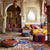 Miroir oriental accroché dans un salon marocain aux textiles colorés.