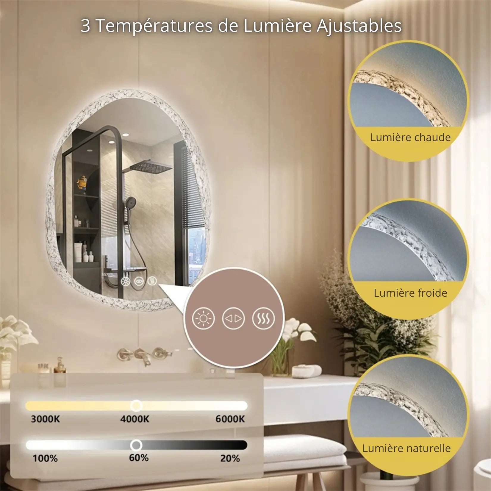 Miroir original lumineux pour salle de bain avec températures de lumière réglables : chaude, froide, naturelle.
