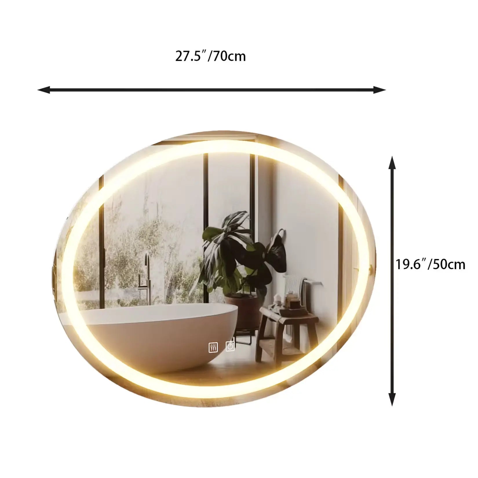 Miroir ovale salle de bain : Schéma technique et dimensions en 70x50 cm.