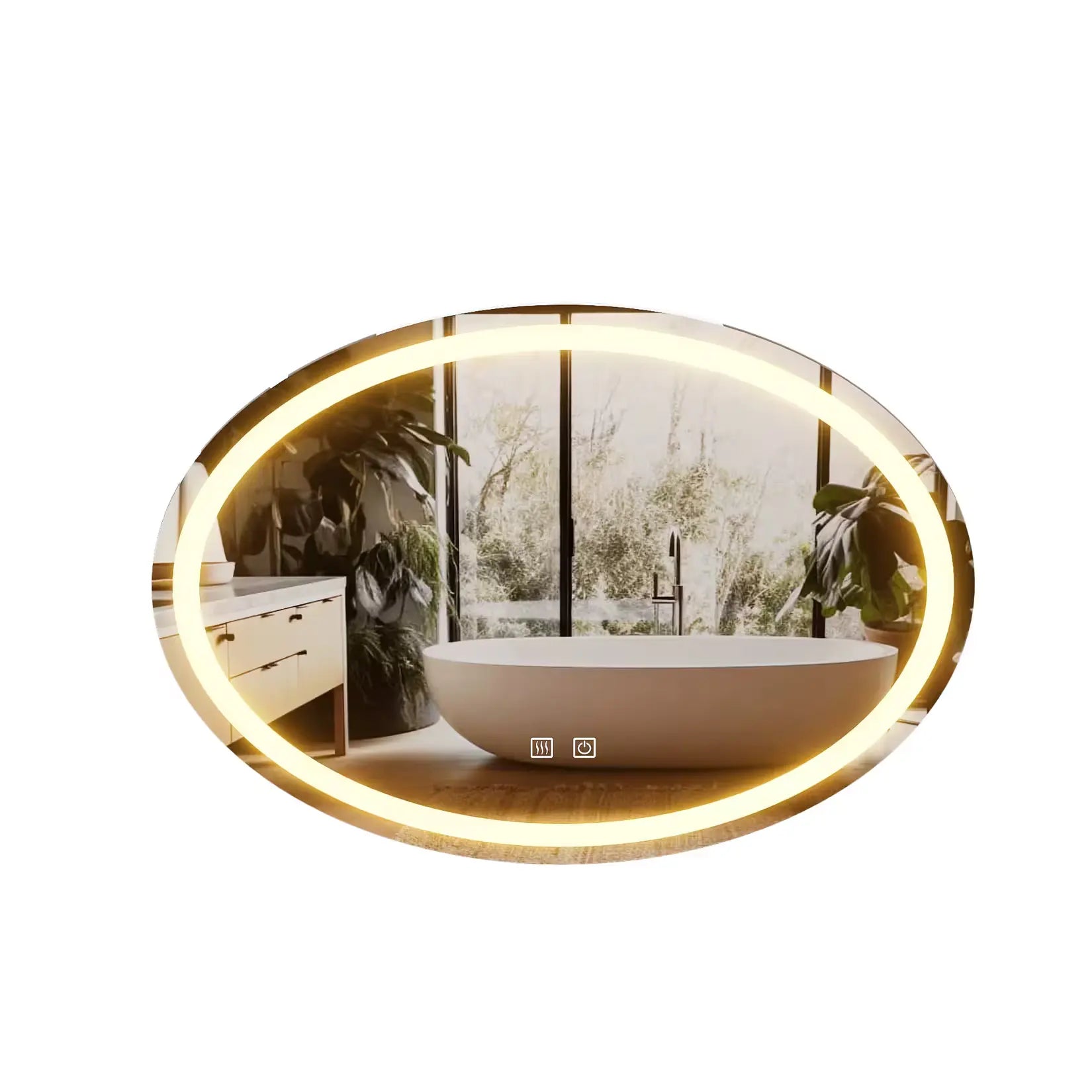 Miroir oval salle de bain allumé sur un fond blanc.