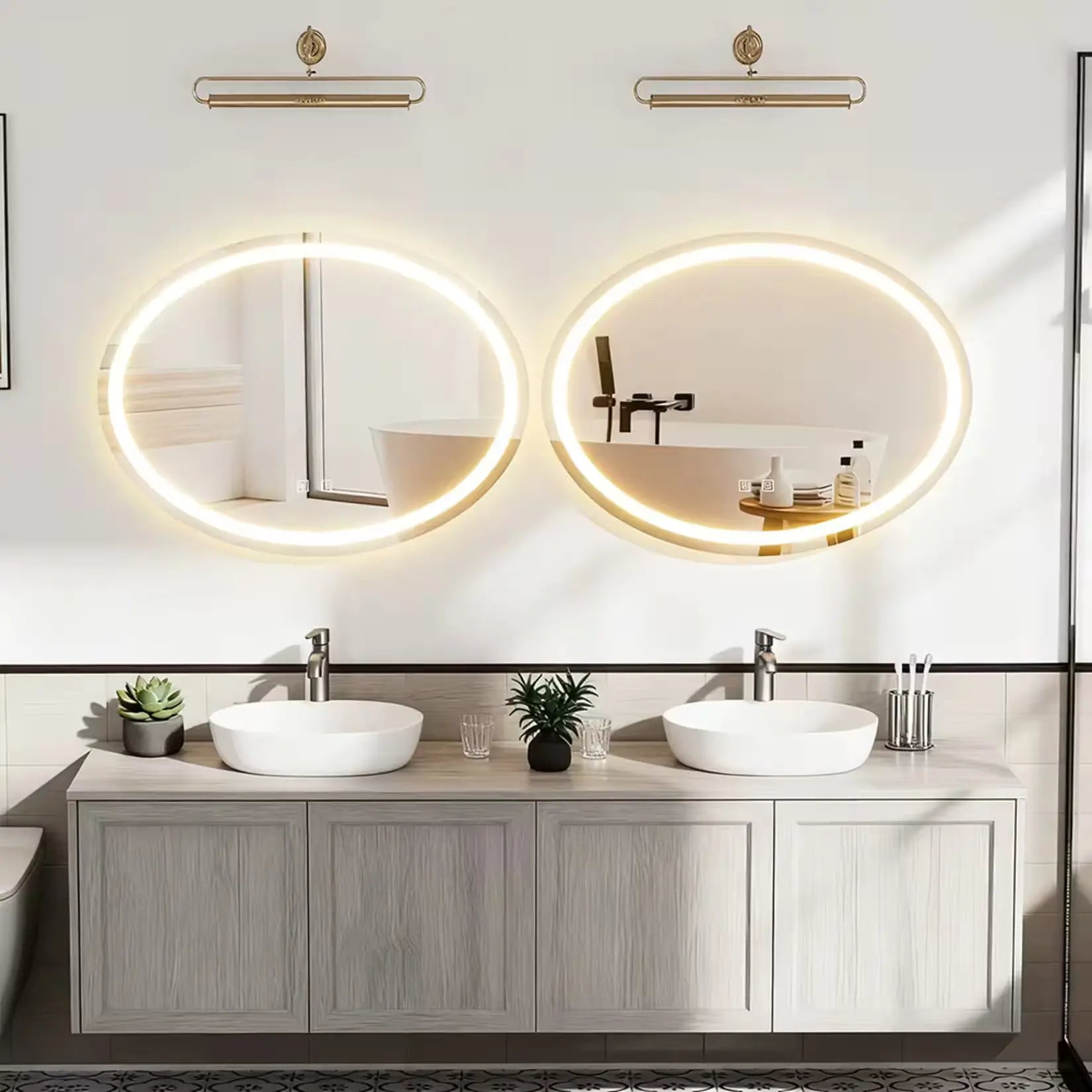 miroir ovale salle de bain doublé au dessus de deux vasques dans une salle de bain type scandinave moderne.