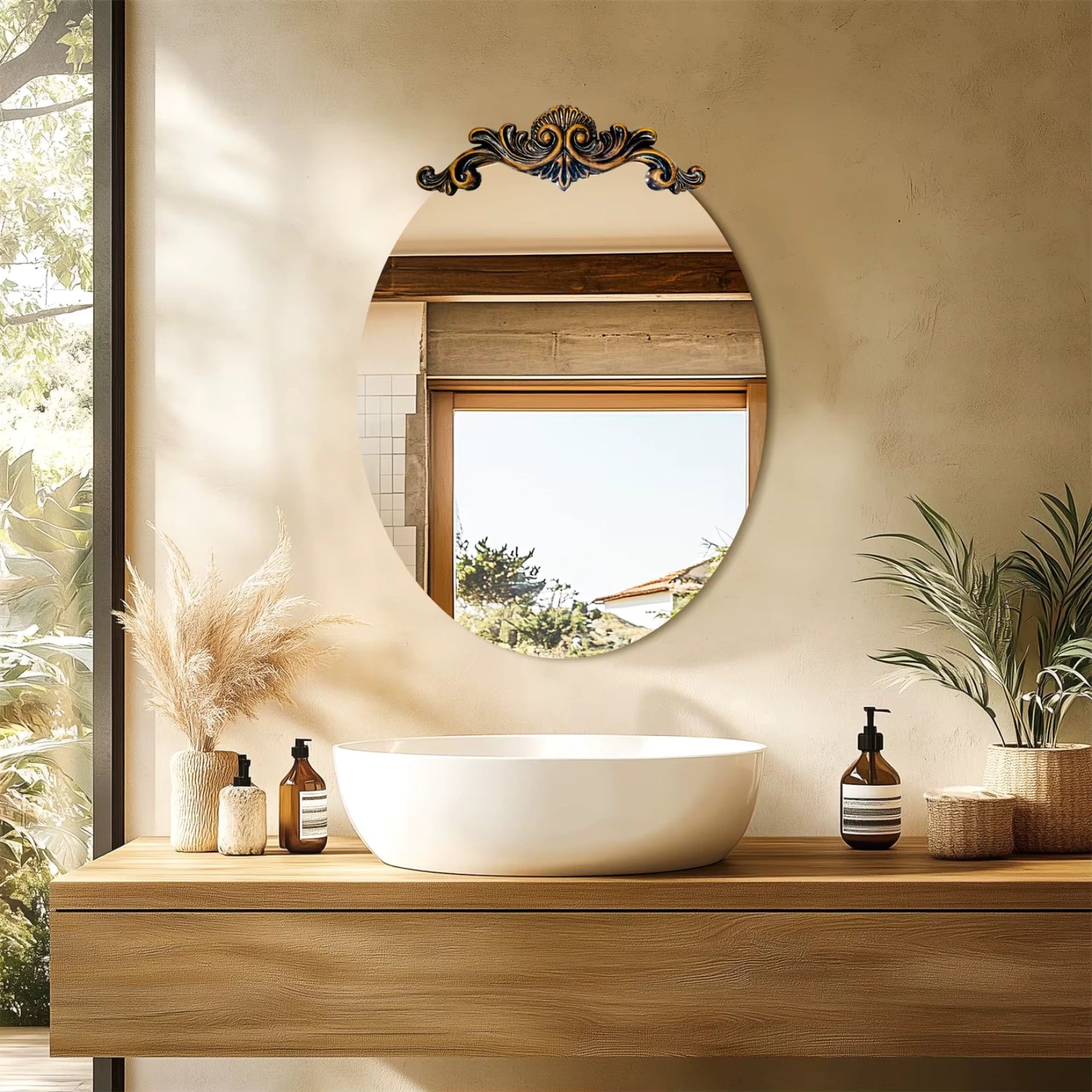 Miroir ovale doré dans une salle d’eau au style bohème et naturel avec vasque et plantes sèches.