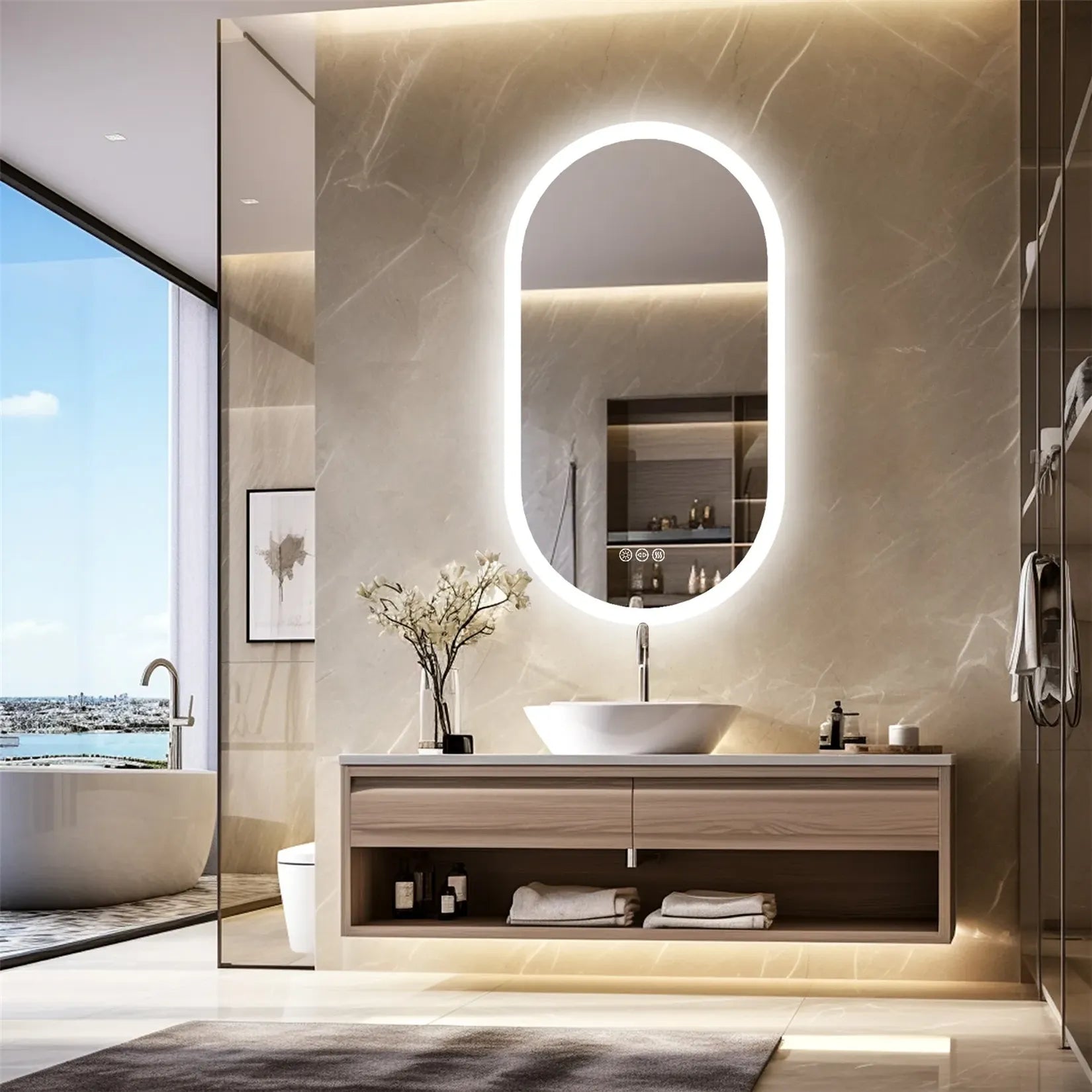 Miroir ovale LED 50x100 cm rétroéclairage blanc salle de bain marbre beige.