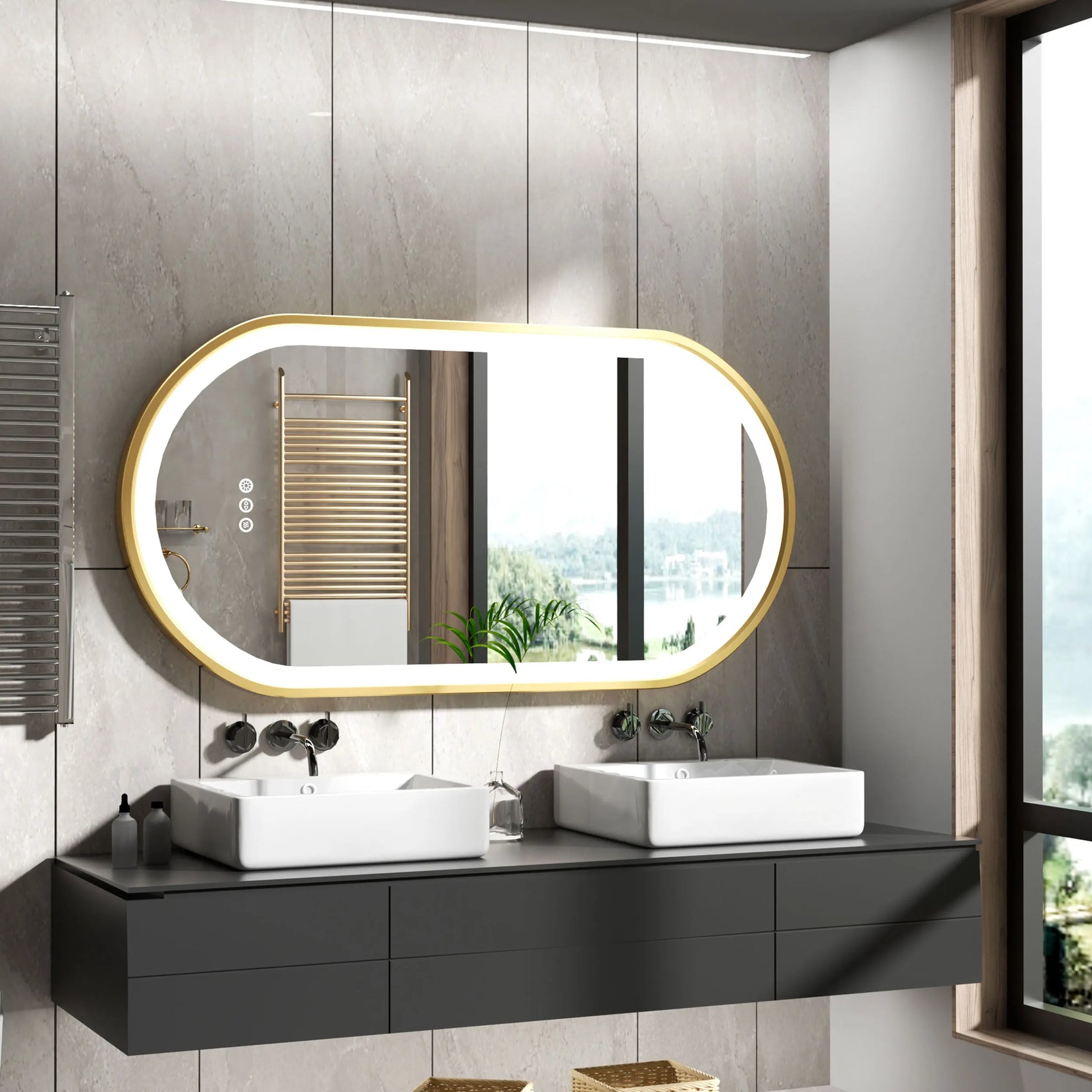 Miroir ovale LED doré dans une salle de bain moderne.