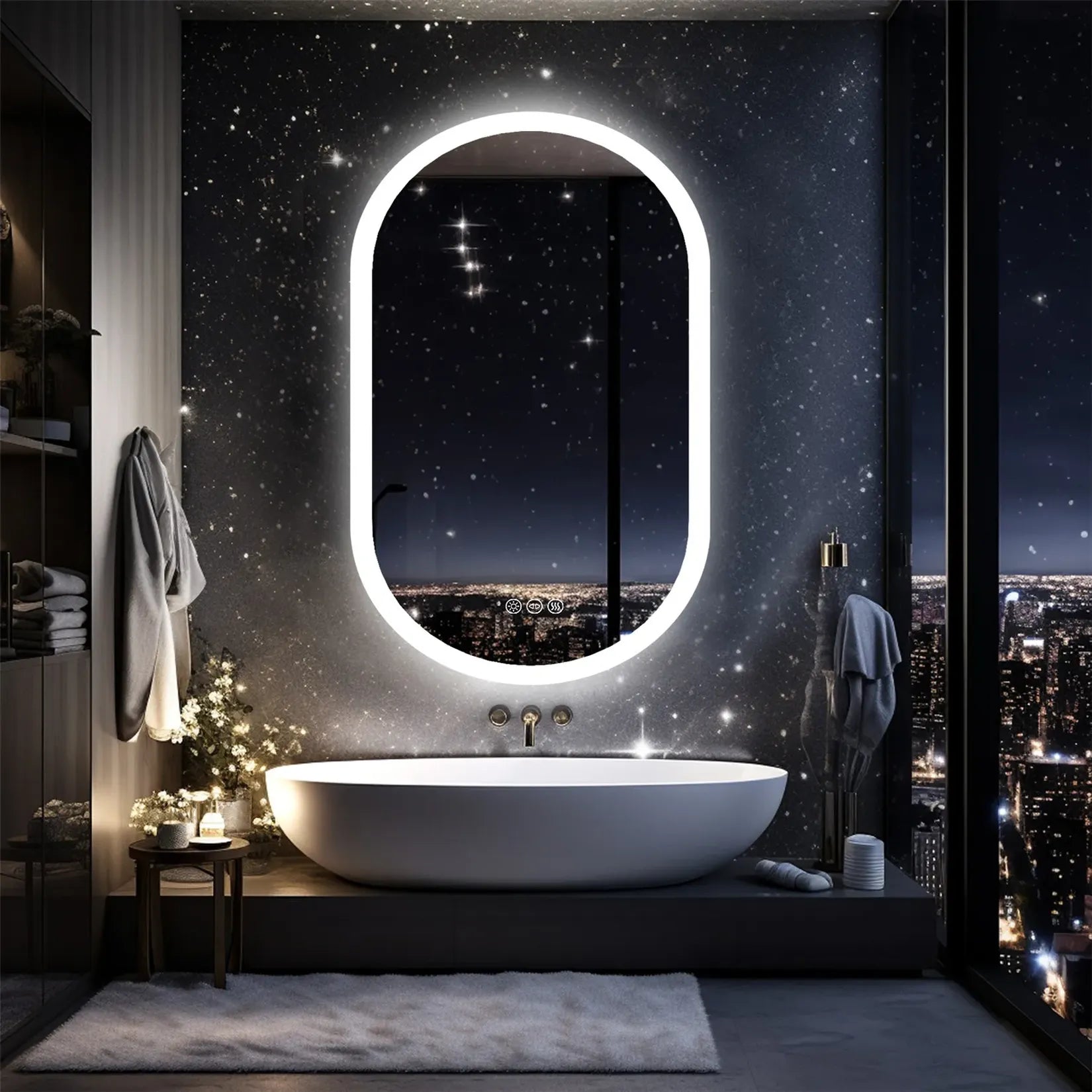 Miroir ovale LED rétroéclairage blanc froid salle de bain ambiance nocturne.