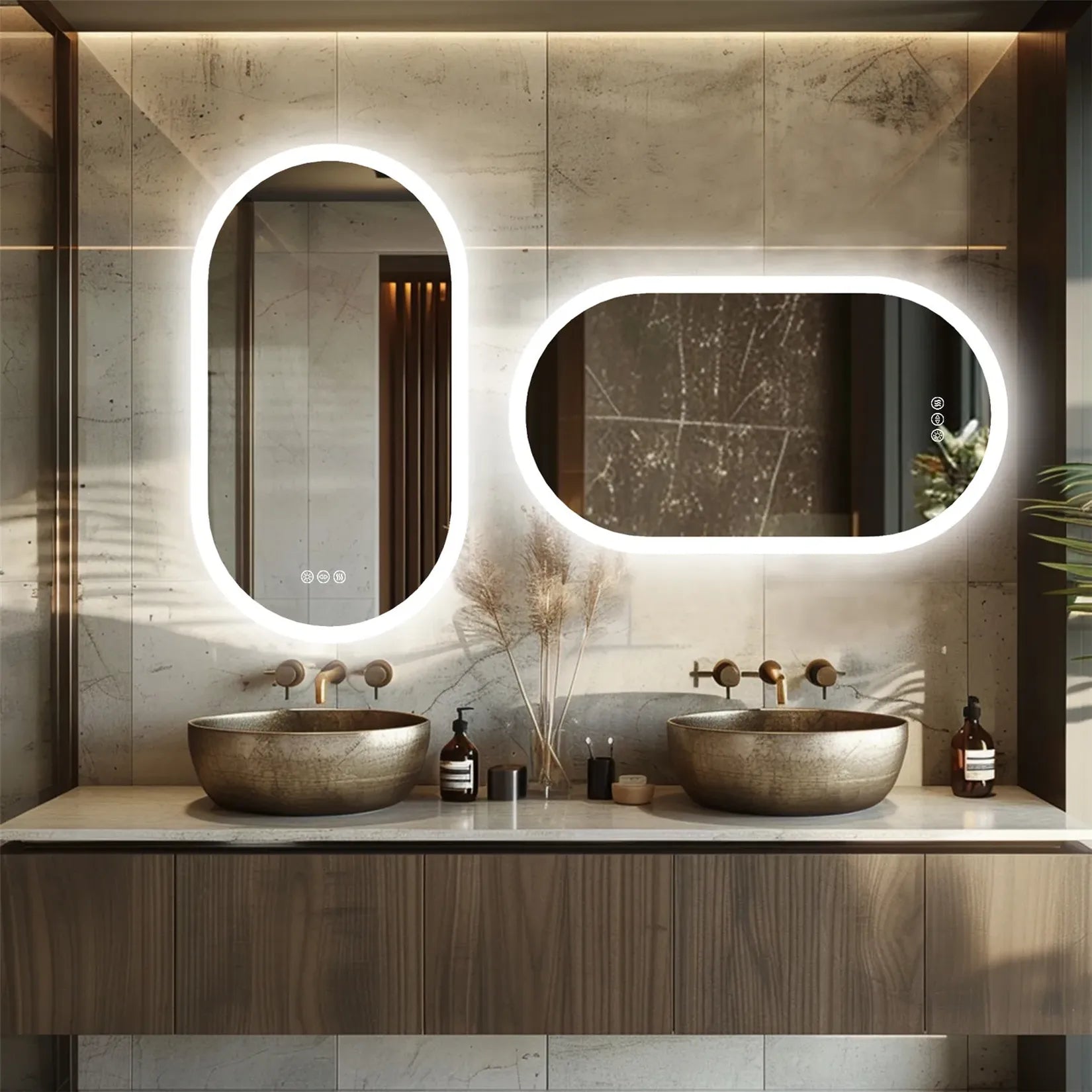 Deux miroirs ovale LED rétroéclairage salle de bain double vasque béton.