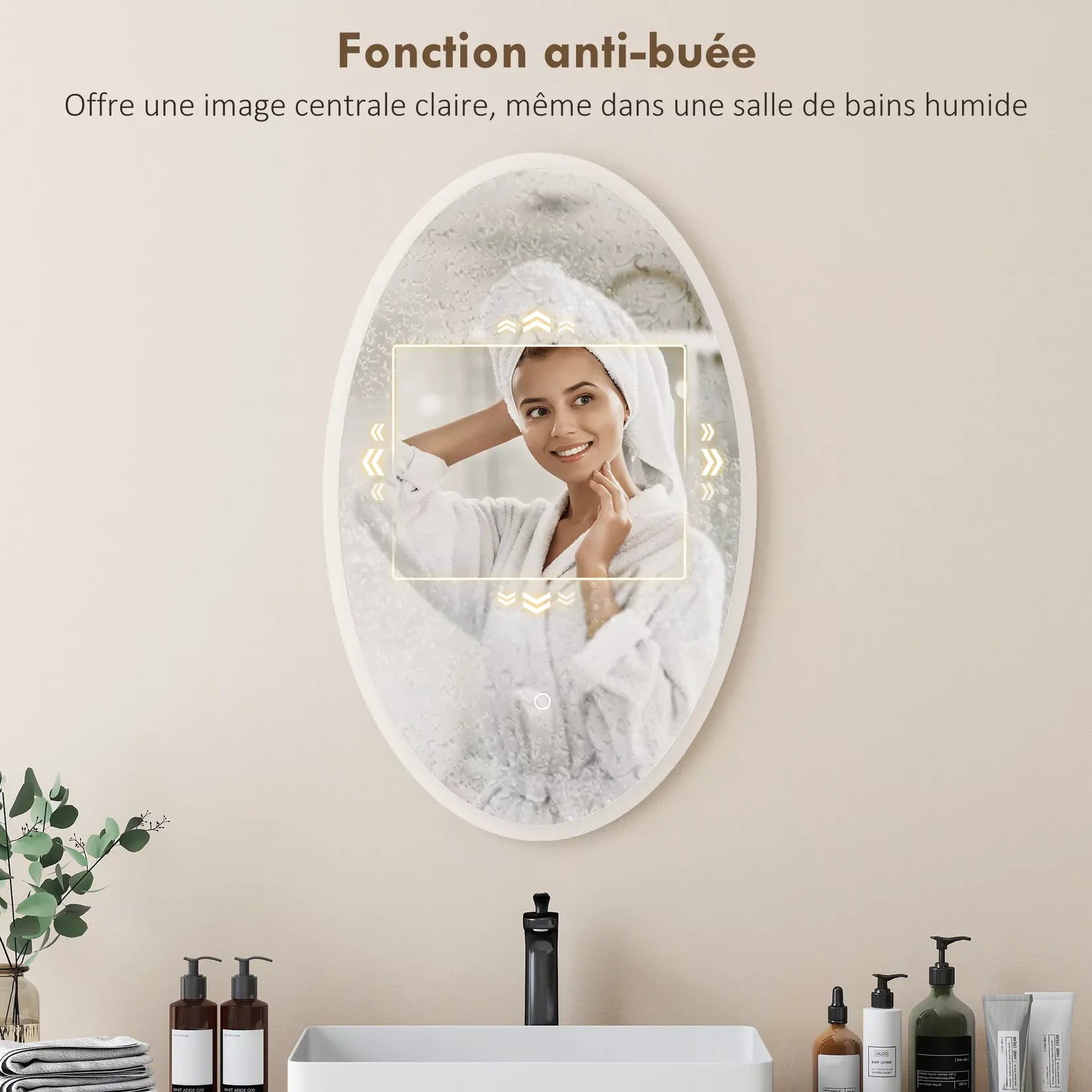 Miroir Ovale Salle de Bain fonction anti-buée avec zone chauffante centrale.