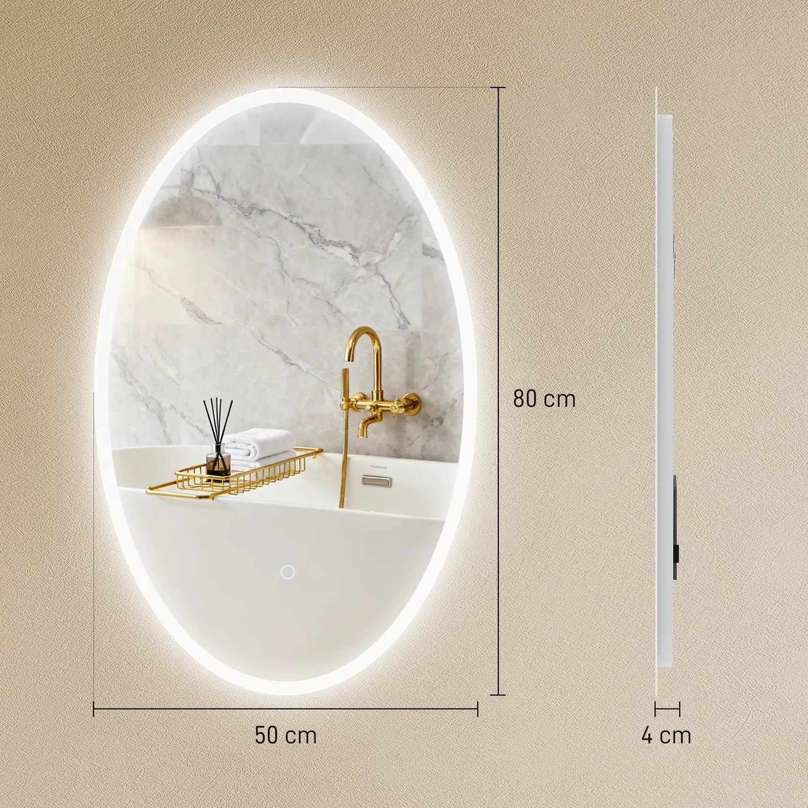 Miroir Ovale Salle de Bain LED 80x50 cm schéma des dimensions et profil 4 cm.