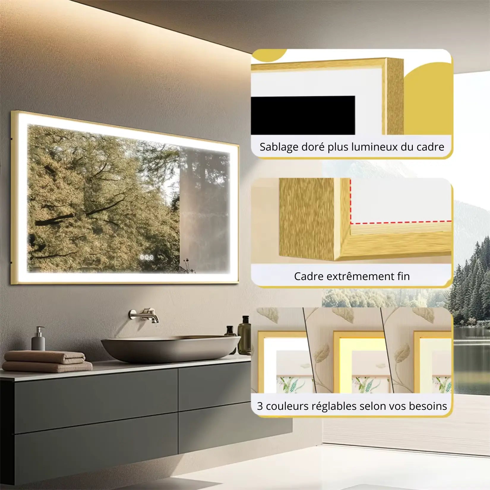 Miroir Petite Salle de Bain 80x60 avec cadre doré lumineux et détails raffinés.